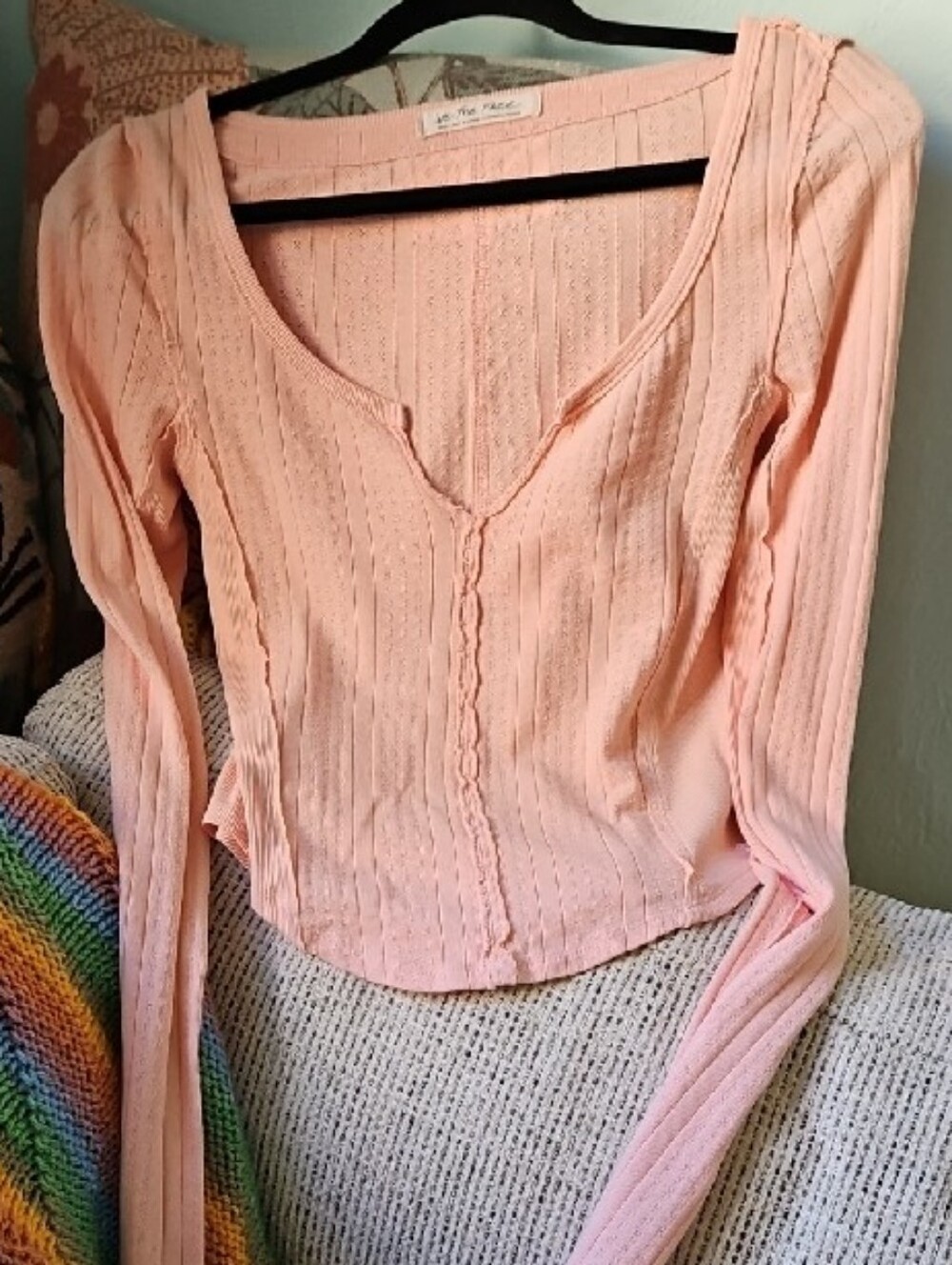 We The Free Women's Pink Ribbed Long-Sleeve Scoop Neck Top